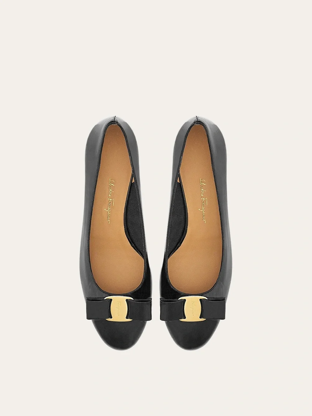 Salvatore Ferragamo Black Leather Vara Bow Flats with Gold Hardware